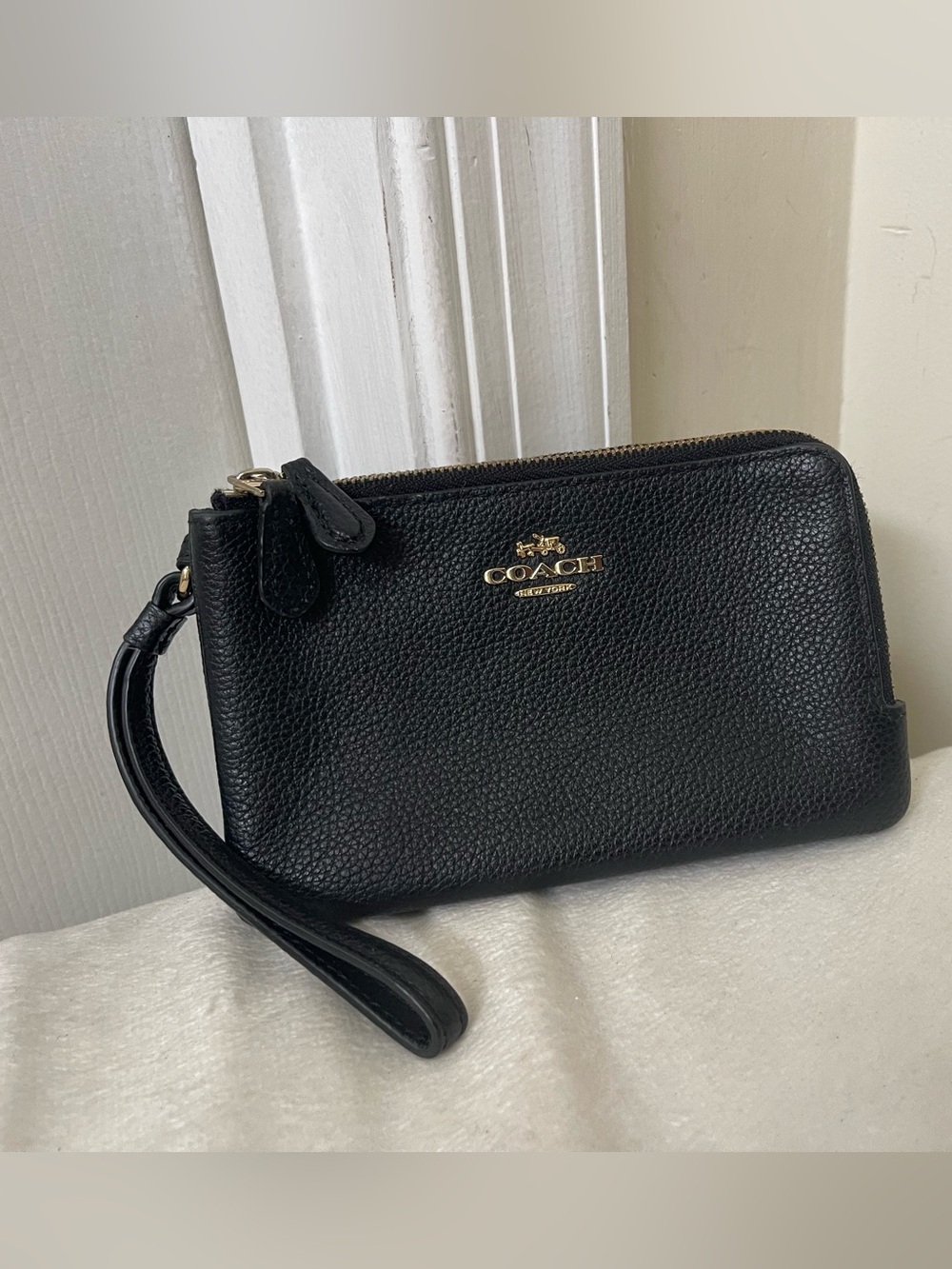 Coach Black Double Zip Pebbled Leather Wristlet with Gold Logo